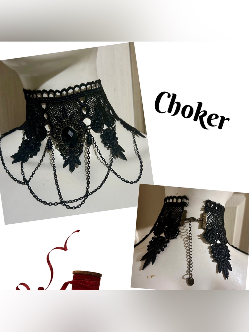 Gothic Black Lace Choker Necklace with Chains